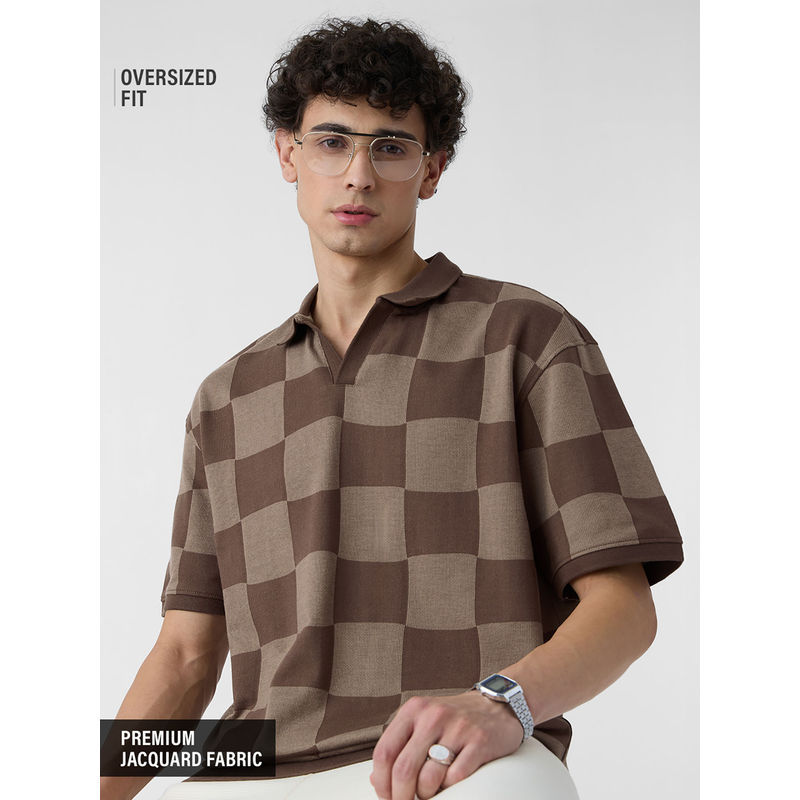 The Souled Store Jacquard Old School Brown Men Oversized Polo T-Shirt (S)