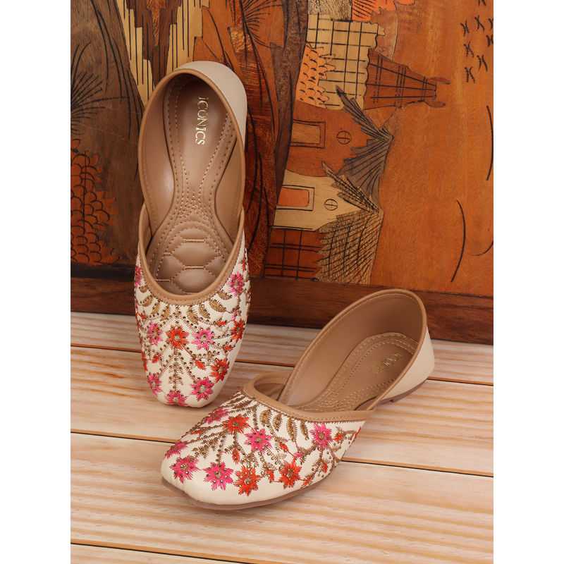 Iconics Women Cream Slip-On Square Toe Juttis (EURO 37)