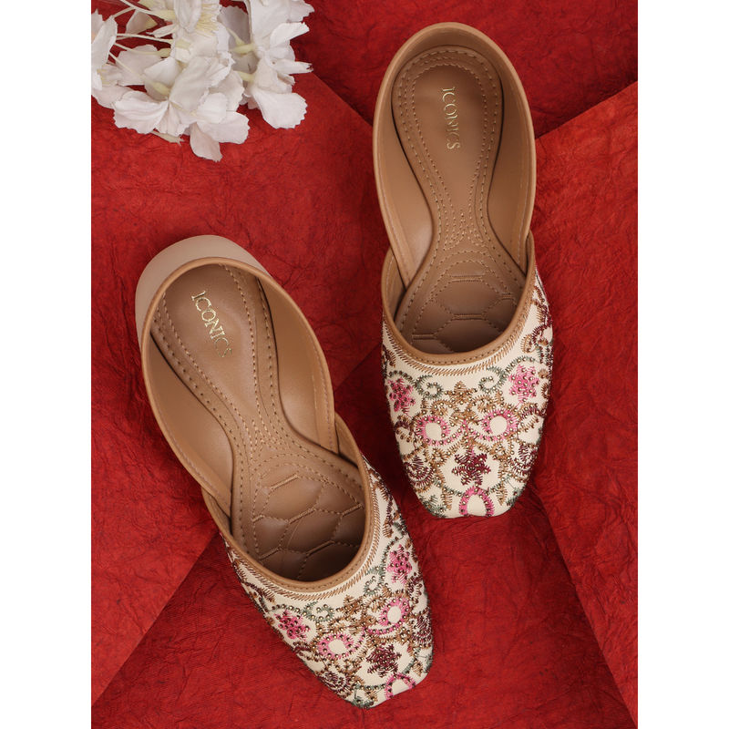 Iconics Women Cream Slip-On Square Toe Juttis (EURO 40)