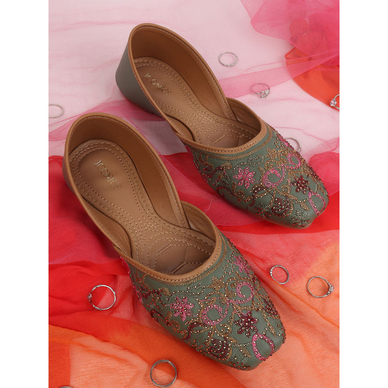 Iconics Women Green Slip-On Square Toe Juttis (EURO 41)