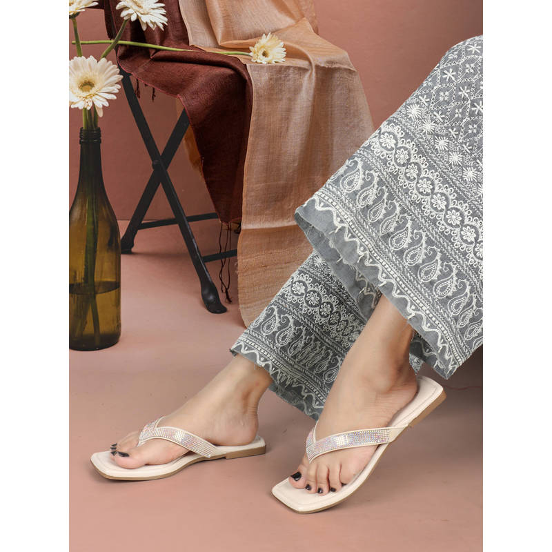 Iconics Women Cream Slip-On Open Toe Flats (EURO 38)