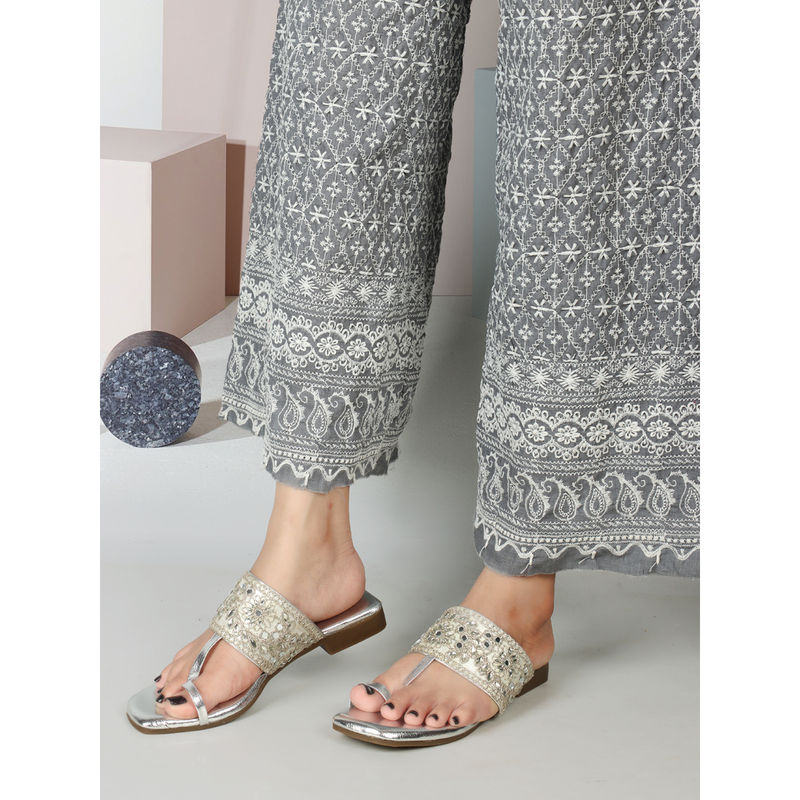 Iconics Women Silver Slip-On Square Toe Kolhapuris (EURO 37)