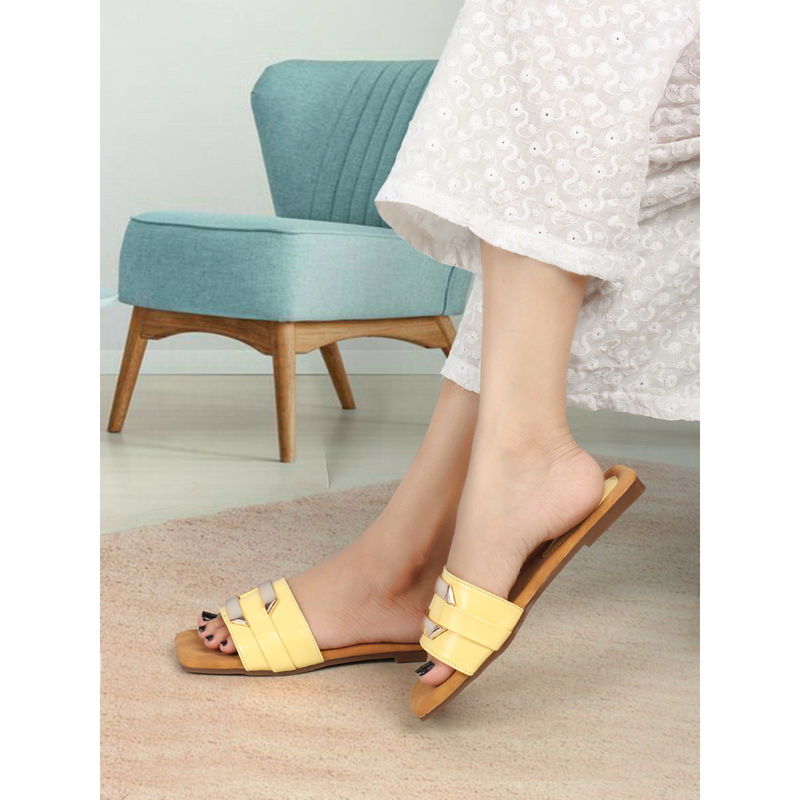 Iconics Women Yellow Slip-On Open Toe Slider Flats (EURO 39)