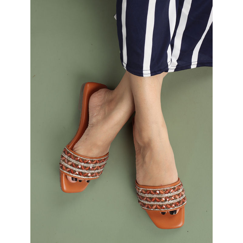 Buy Iconics Women Tan Slip-On Open Toe Flats Online