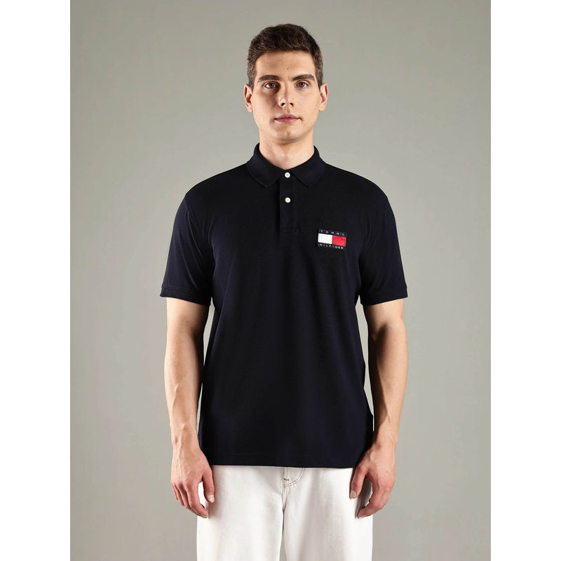 Tommy Hilfiger Men Navy Blue Solid Regular Fit Cotton Polo T-shirt (XS)
