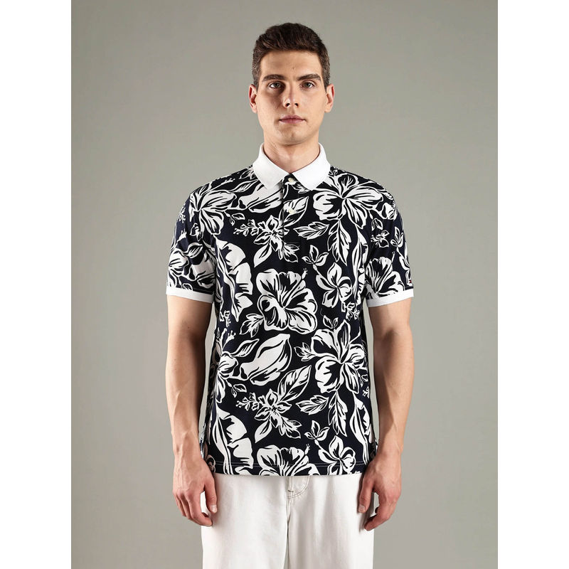 Tommy Hilfiger Men Navy Blue Floral Printed Regular Fit Cotton Polo T-shirt (2XL)