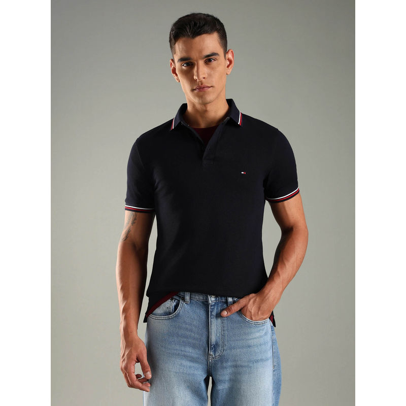 Tommy Hilfiger Men Navy Blue Solid Slim Fit Cotton Polo T-shirt (L)
