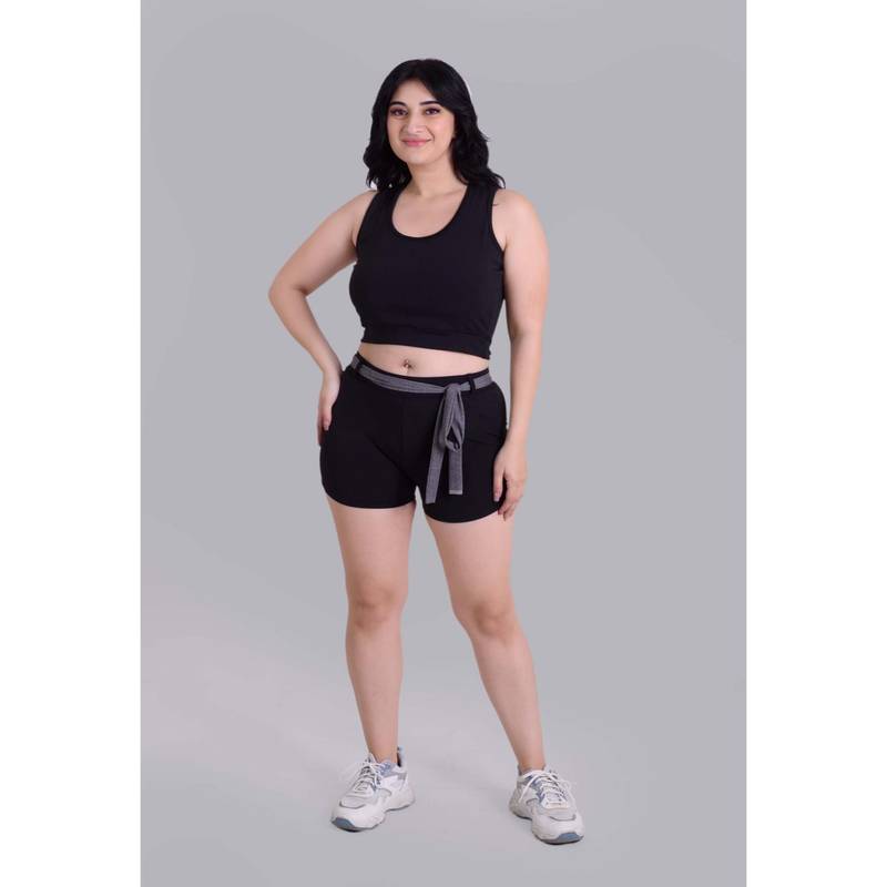 Keepfit Black Solid Swim Crop Top and Full Coverage Shorts with Contrast Belt (XS)