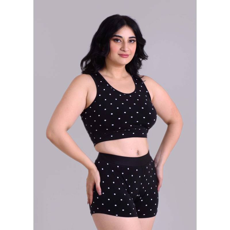 Keepfit Black Polka Print Swimwear Crop Top and Full Coverage Shorts (XS)