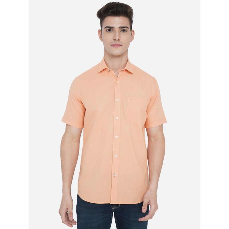 Greenfibre Men Shell Orange Cotton Slim Fit Solid Casual Shirt (38)