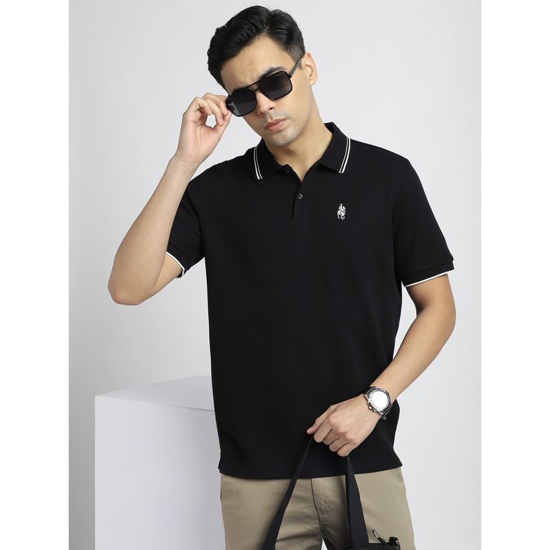 R&B Men Black Textured Polo T-Shirt (S)