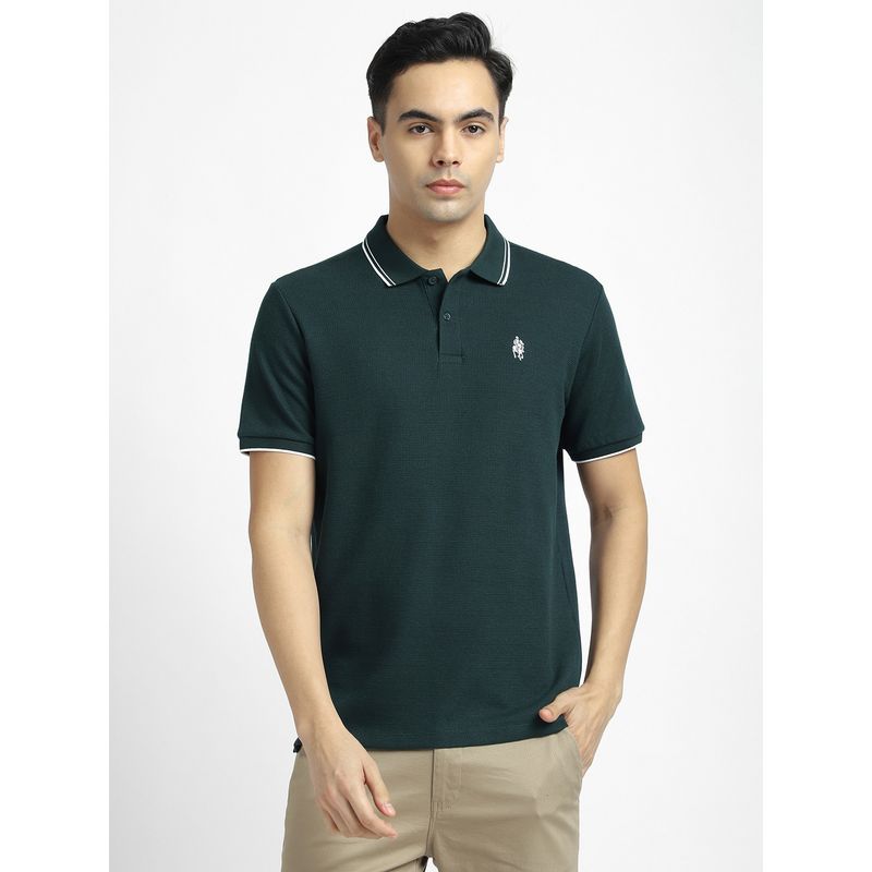R&B Men Green Textured Polo T-Shirt (L)