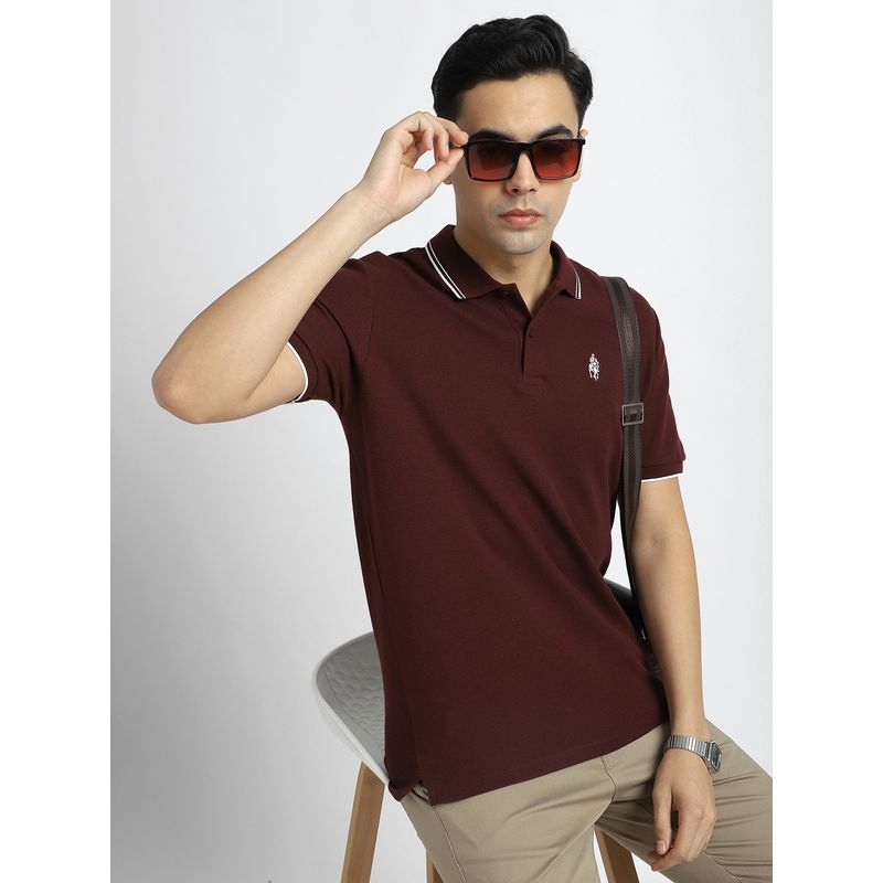 R&B Men Maroon Textured Polo T-Shirt (S)