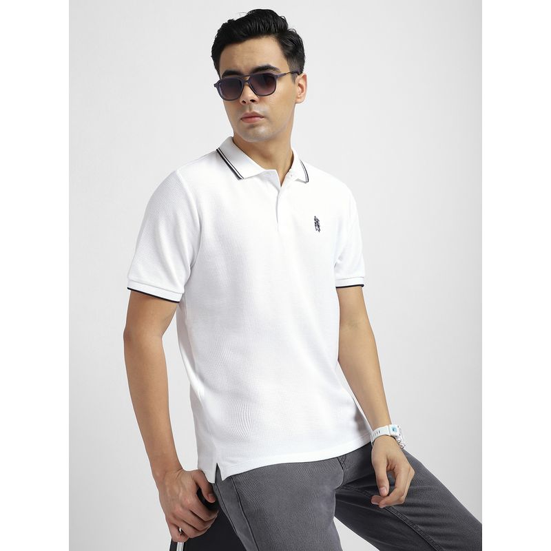 R&B Men White Textured Polo T-Shirt (L)