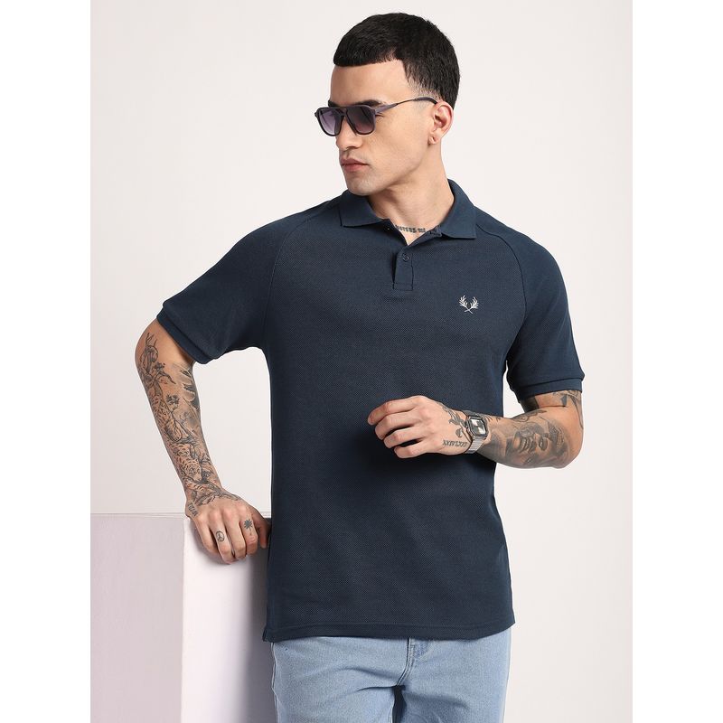 R&B Men Blue Young Textured Polo T-Shirt (L)