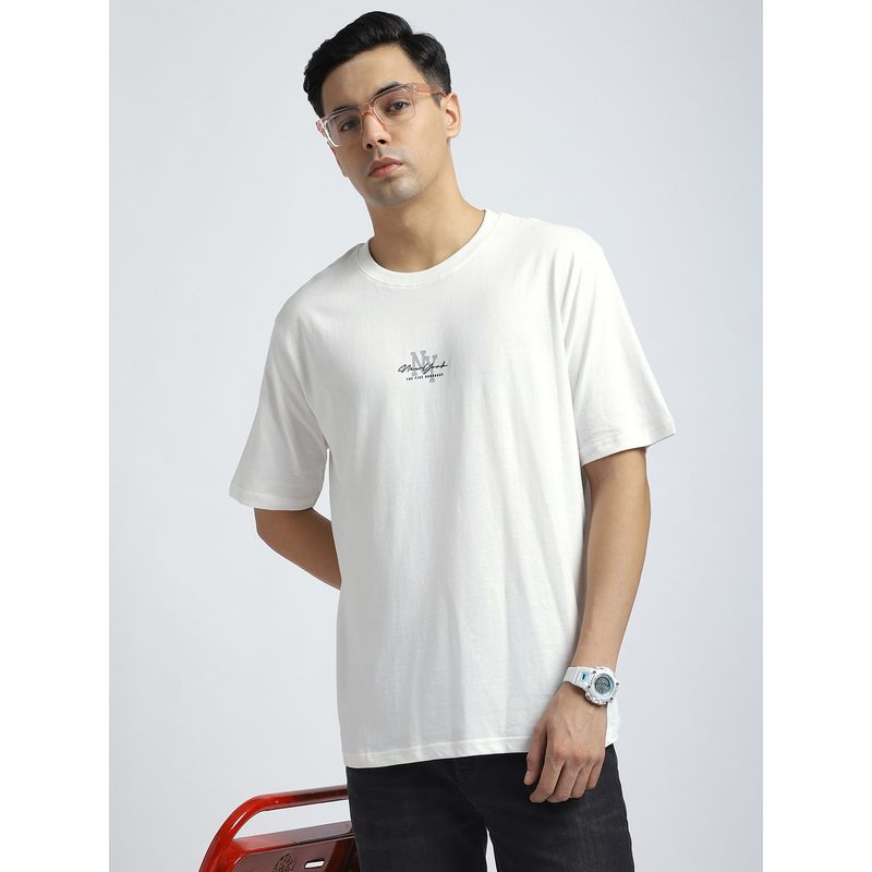 R&B Men White Crew Neck Typography Printed Relaxed Fit T-Shirt (L)