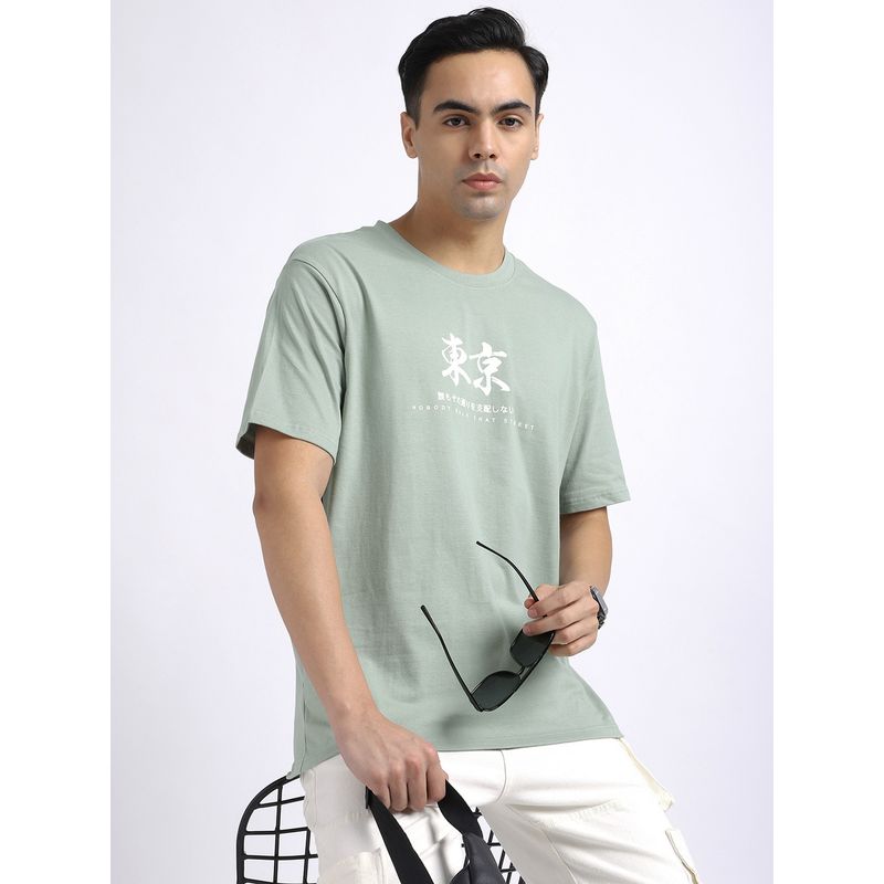 R&B Men Green Crew Neck Printed Relaxed Fit T-Shirt (L)
