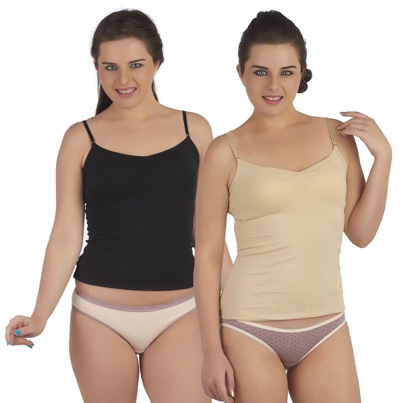 SOIE Women's Cotton Spandex Detachable Straps Camisole - Pack Of 2 - Multi-Color (L)