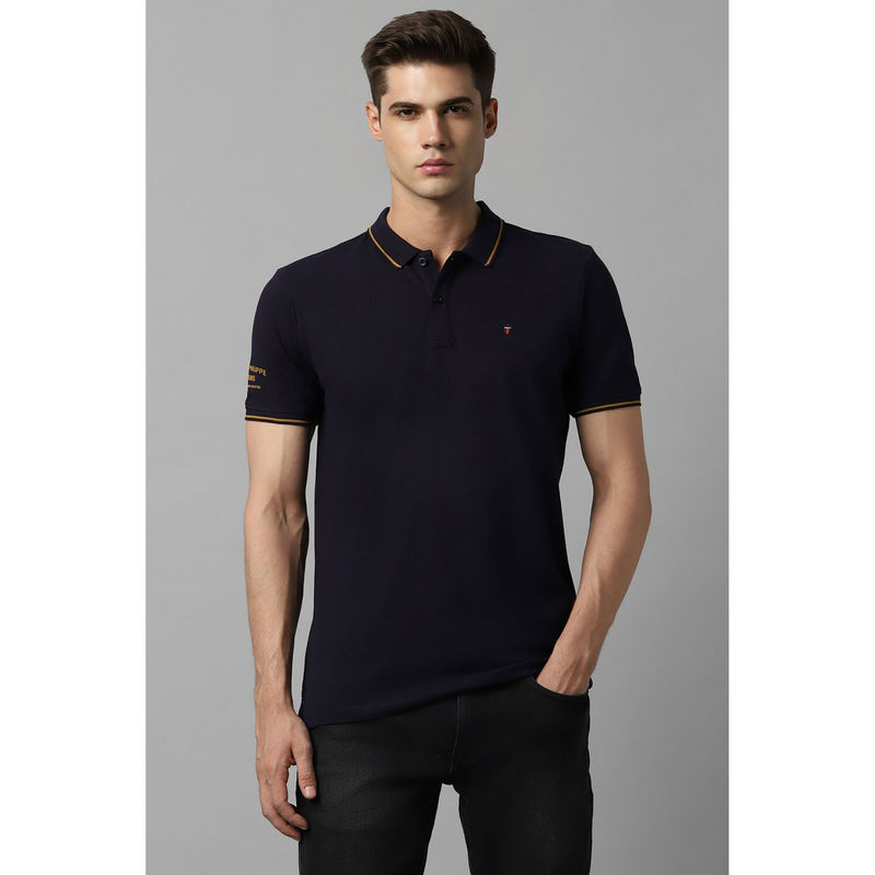 Louis Philippe Men's Navy Polo T-Shirt with Collar Tipping and Branding on Sleeve (L)