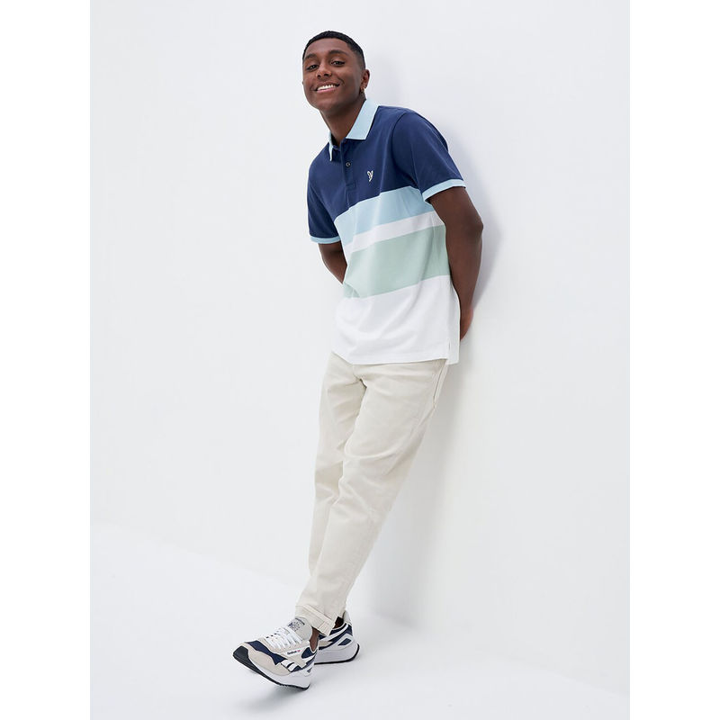 American Eagle Men Navy Blue Striped Polo T-Shirt (2XL)