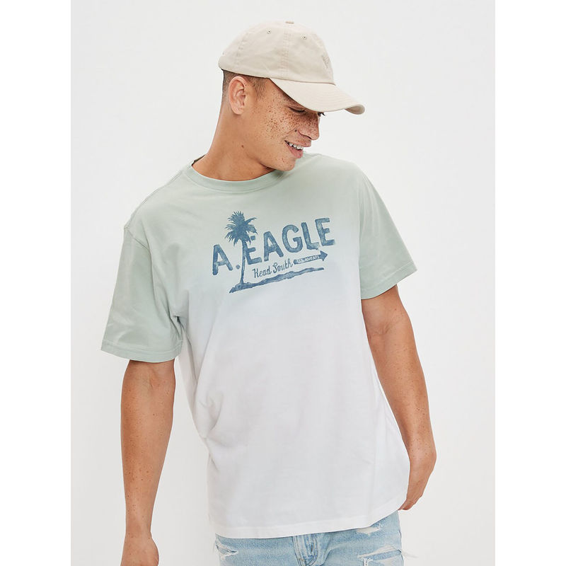 American Eagle Men Green Super Soft Dip Dye Logo Graphic T-Shirt (XS)