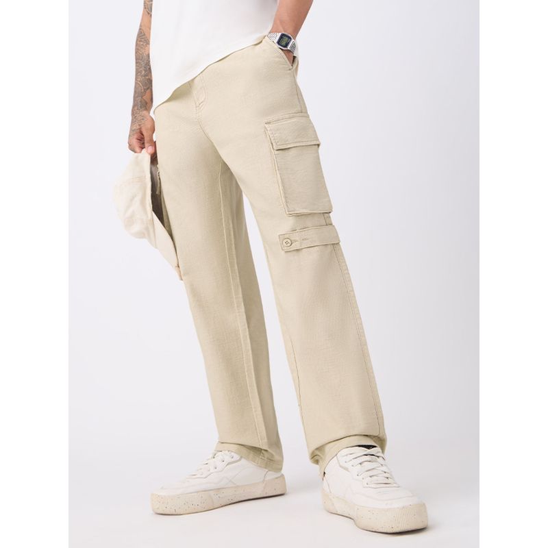 The Souled Store Cream Cotton Blend Button Fly Cargo Pant (32)