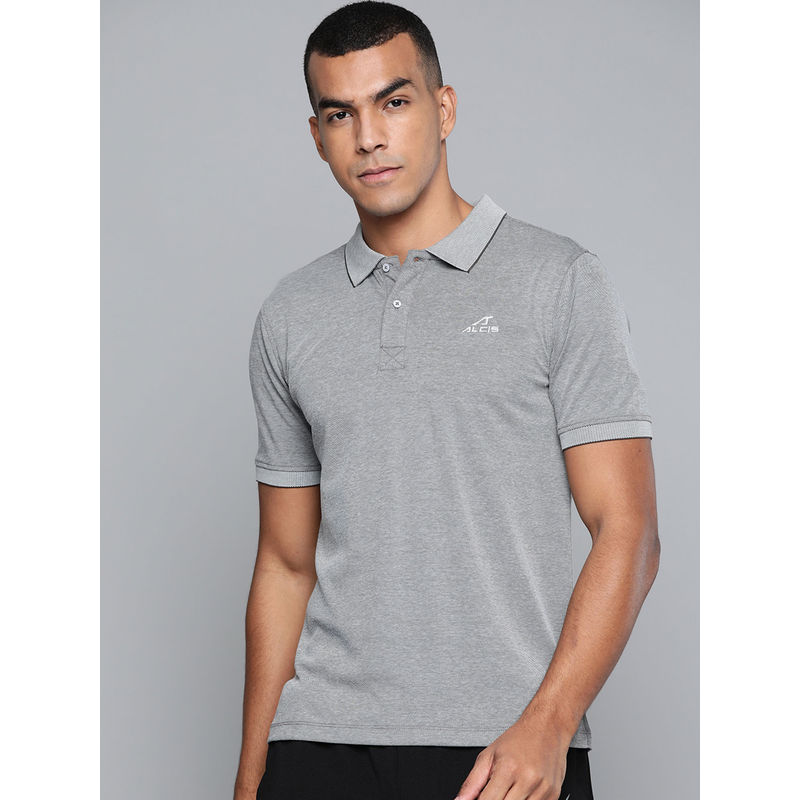 Alcis Men Grey Solid Polo Collar Polo T-Shirt (M)
