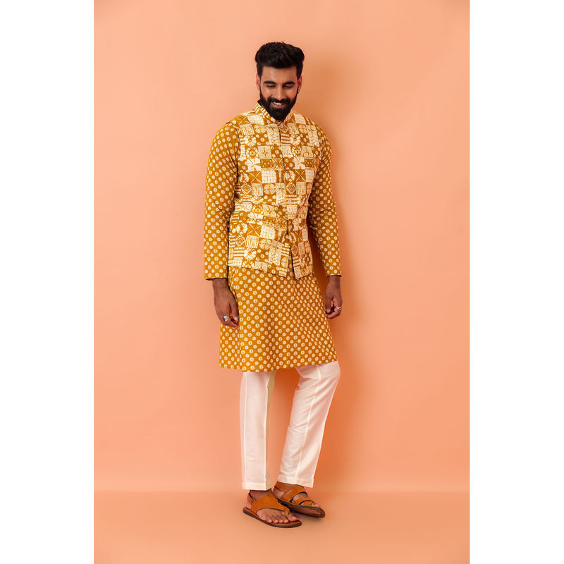 KISAH Men Mustard Printed Kurta with Nehru Jacket & Pant (Set of 3) (40)
