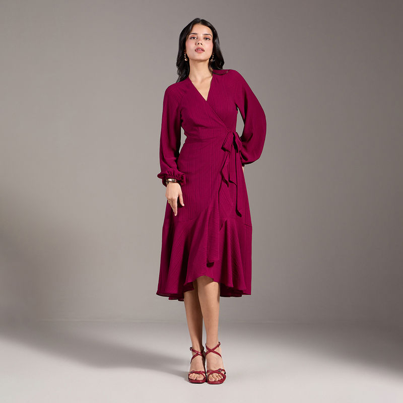 Twenty Dresses By Nykaa Fashion Wine V Neck Bishop Full Sleeves Midi Wrap Dress (S)