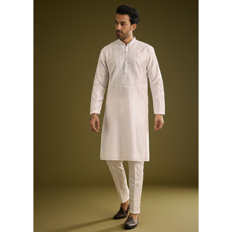 KALKI FASHION Off White Silk with Thread and Mirror Work Kurta with Pant (Set of 2) (M)