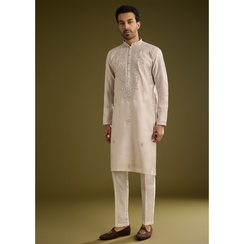 KALKI FASHION Grey Silk with Mirror and Thread Work Kurta with Pant (Set of 2) (L)
