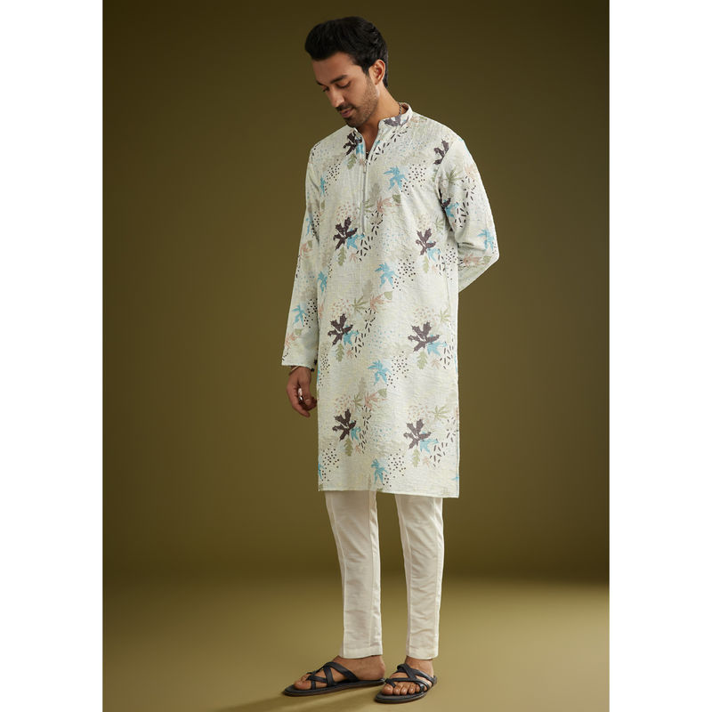 KALKI FASHION White Linen Zipper with Abstract Leaf Motifs Kurta with Pant (Set of 2) (2XL)