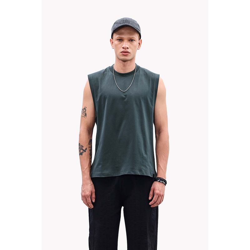 Snitch Dark Green Solid Sleeveless Regular Casual T-Shirt for Men (XL)