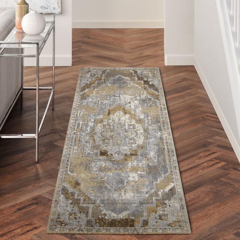 OBSESSIONS Anti-Static Machine Made Polyester Bedside Runner, Grey & Brown (2 x 5 Feet)