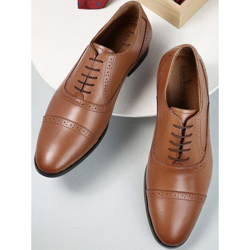 Louis Stitch Tan Oxford Italian Leather Handcrafted Textured Shoes for Men (UK 6)