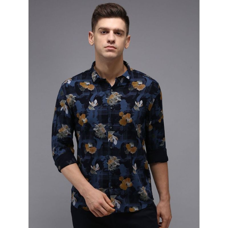 SHOWOFF Men Navy Blue Collar Neck Floral Comfort Fit Shirt (L)