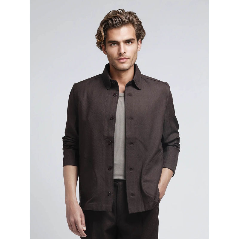 Rare Rabbit Aront Dark Brown Plain Relaxed Fit Jacket (S)