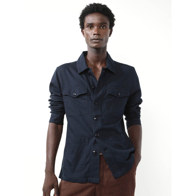 Rare Rabbit Gatter Navy Blue Plain Relaxed Fit Jacket (M)