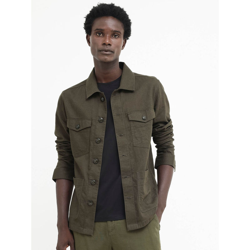 Rare Rabbit Gatter Olive Plain Relaxed Fit Jacket (S)