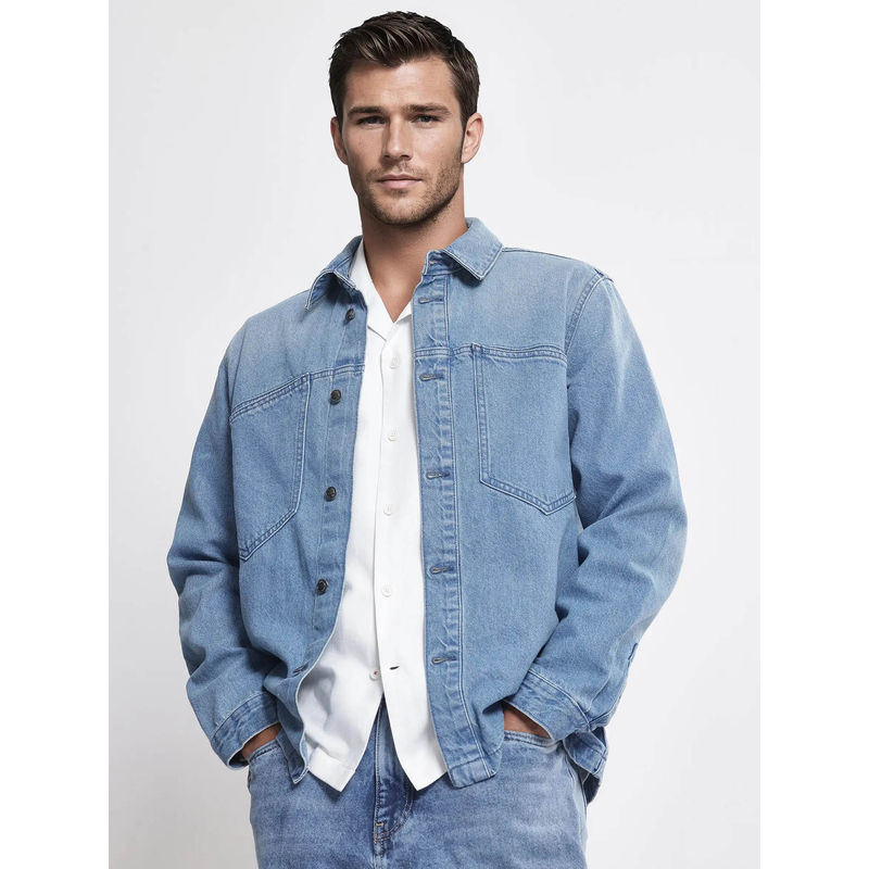 Rare Rabbit Tycho Blue Plain Oversized Fit Jacket (L)