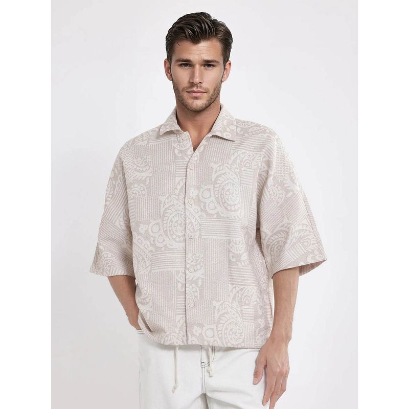 Rare Rabbit Tyra Beige Jacquard Oversized Fit Shacket (S)