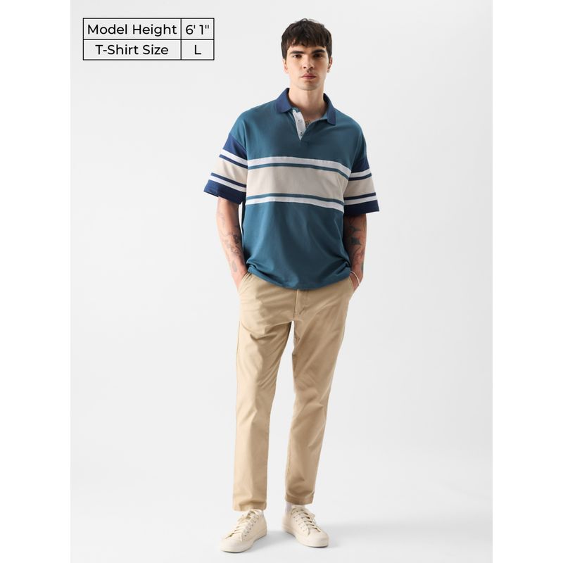 The Souled Store Solids: Ocean Blue Colourblock Oversized Polos for Mens (2XL)