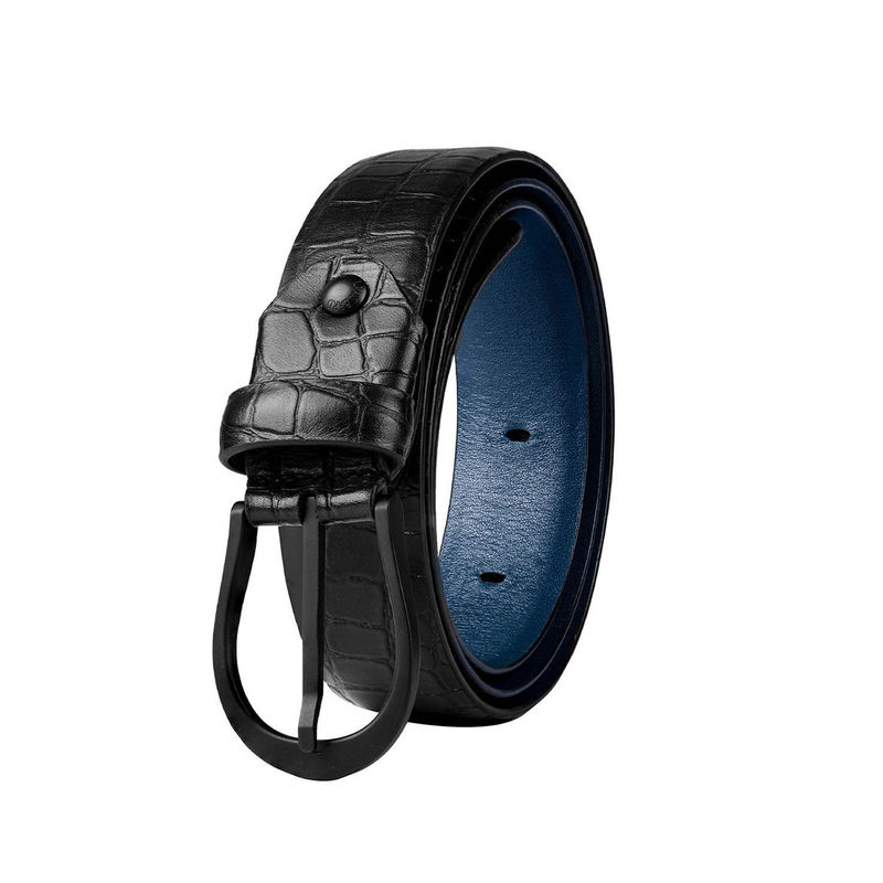 Lapis Bard Black and Deep Blue Sullivan Carbon Black Croco Print Leather Belt (36)