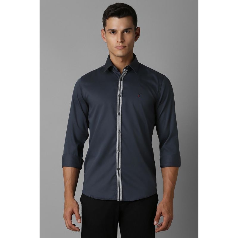 Louis Philippe Men Navy Blue Slim Patterned Full Sleeves Casual Shirt (44)