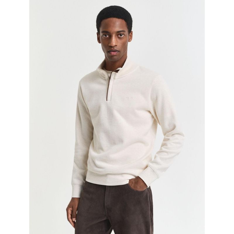 GANT Men Cream Solid High Neck Regular Fit Sacker Rib Half Zip Sweatshirt (M)