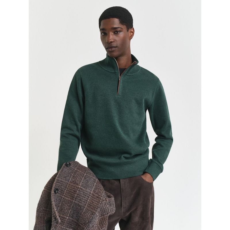 GANT Men Green Solid High Neck Regular Fit Sacker Rib Half Zip Sweatshirt (S)