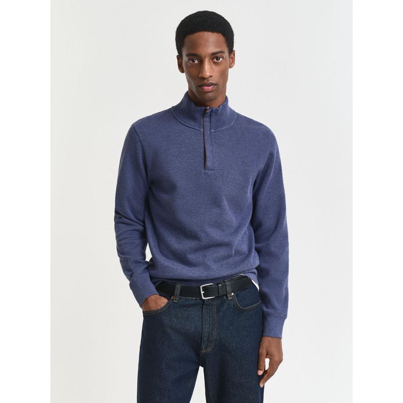 GANT Men Blue Solid High Neck Regular Fit Sacker Rib Half Zip Sweatshirt (S)