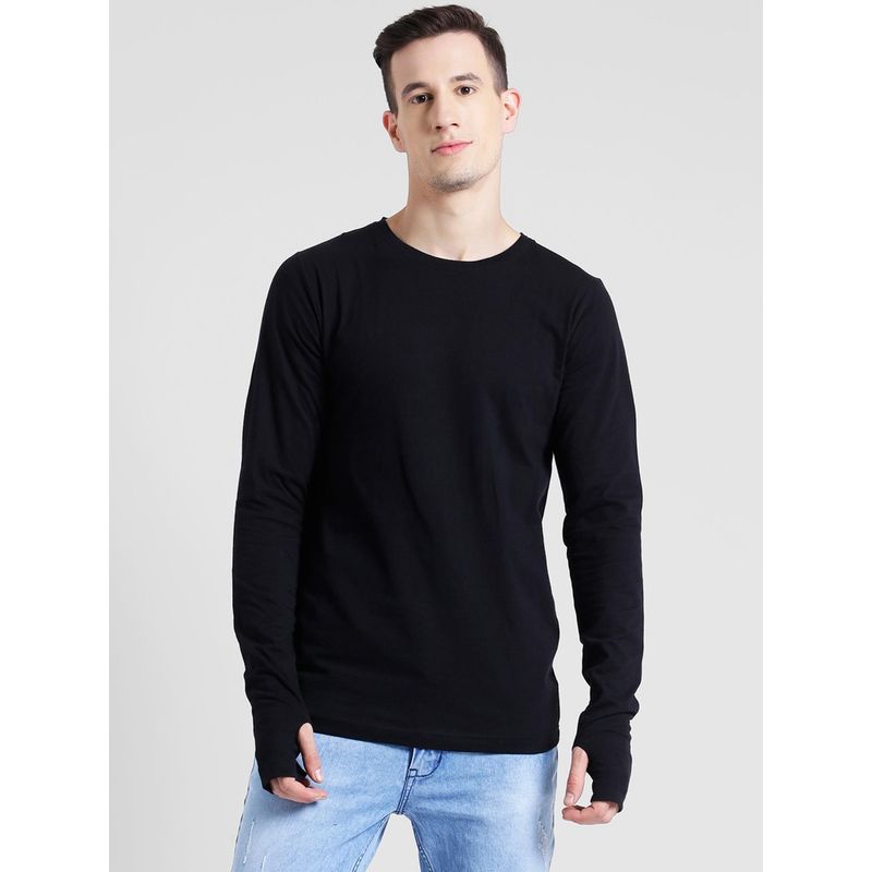 RIGO Black Thumbhole Full Sleeve T-Shirt For Men (2XL)