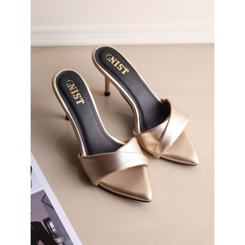 GNIST Pointed Toe Twisted Strap Gold Stilettos (EURO 41)
