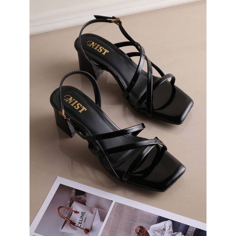 GNIST Square Toe Strappy Black Block Sandal Heels (EURO 37)